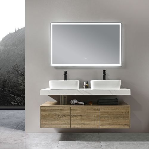 Meuble De Salle De Bain Double Vasque 140cm Bois Et Effet Marbre Avec Miroir LED