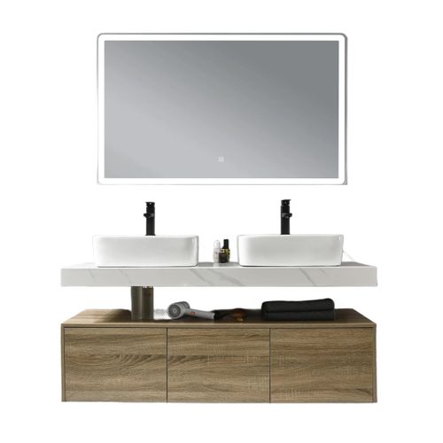 Meuble De Salle De Bain Double Vasque 140cm Bois Et Effet Marbre Avec Miroir LED