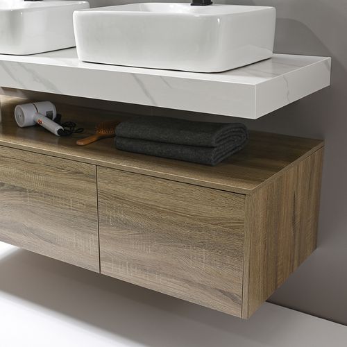 Meuble De Salle De Bain Double Vasque 140cm Bois Et Effet Marbre Avec Miroir LED