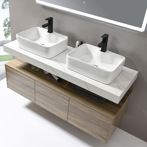 Meuble De Salle De Bain Double Vasque 140cm Bois Et Effet Marbre Avec Miroir LED