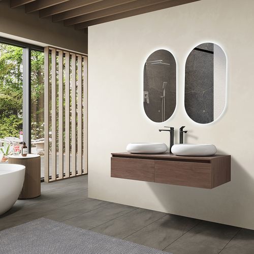 Meuble De Salle De Bain Double Vasque 120cm Bois Foncé Avec Miroir LED