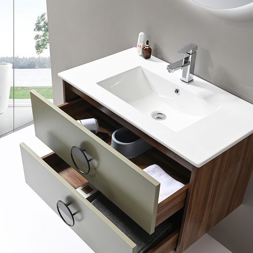 Meuble De Salle De Bain Simple Vasque 100cm Bois Et Vert Avec Miroir LED