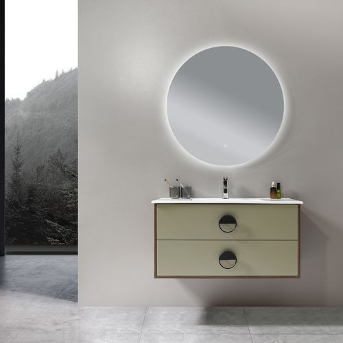 Meuble De Salle De Bain Simple Vasque 100cm Bois Et Vert Avec Miroir LED