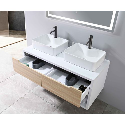 Meuble De Salle De Bain Double Vasque 120cm Bois Et Blanc Avec Miroir LED Lb-8153-120
