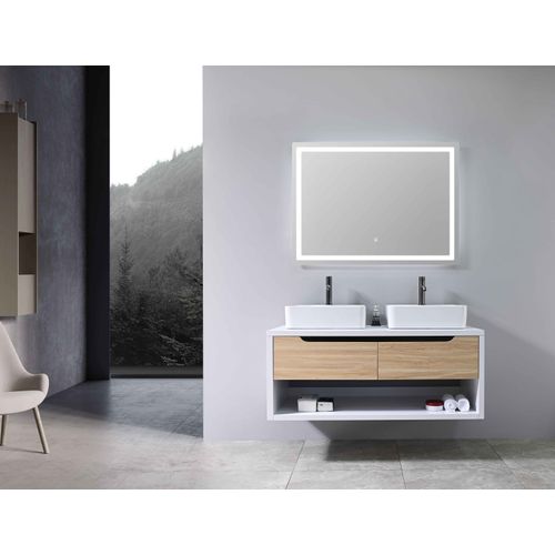 Meuble De Salle De Bain Double Vasque 120cm Bois Et Blanc Avec Miroir LED Lb-8153-120
