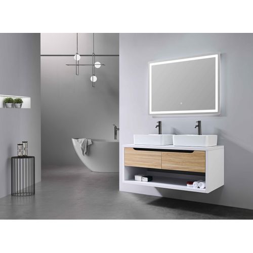 Meuble De Salle De Bain Double Vasque 120cm Bois Et Blanc Avec Miroir LED Lb-8153-120