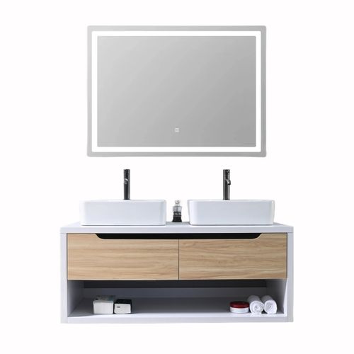Meuble De Salle De Bain Double Vasque 120cm Bois Et Blanc Avec Miroir LED Lb-8153-120