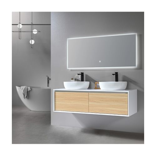 Meuble De Salle De Bain Double Vasque 140cm Bois Et Blanc  Avec Miroir LED
