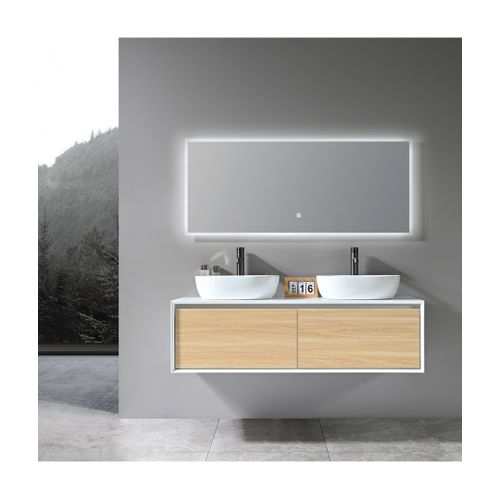 Meuble De Salle De Bain Double Vasque 140cm Bois Et Blanc  Avec Miroir LED