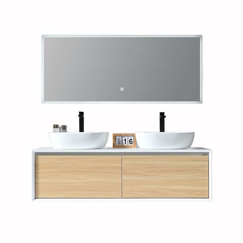 Meuble De Salle De Bain Double Vasque 140cm Bois Et Blanc  Avec Miroir LED