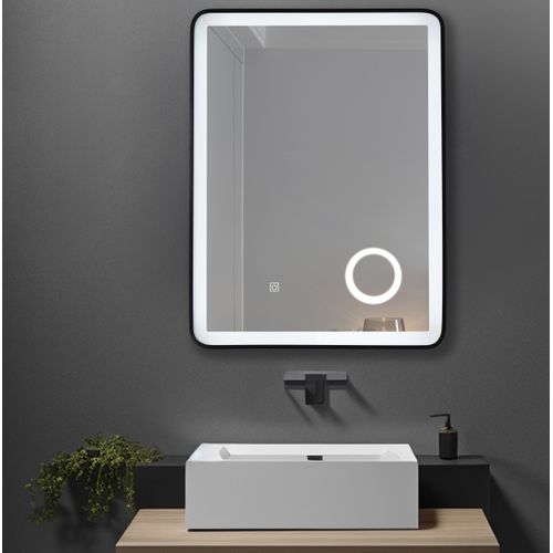 Miroir Salle De Bain LED 50x70cm Avec Cadre En Aluminium Noir Et Loupe Grossissante X3