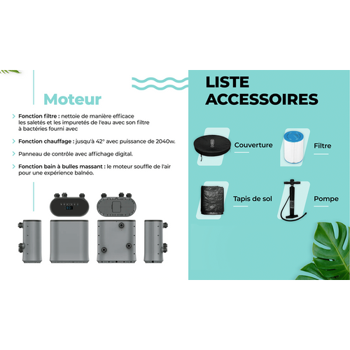 Spa Gonflable Bali - 180 Cm De Diamètre - 1100 Litres - Moteur 2240 W - Jusqu'à 6 Personnes