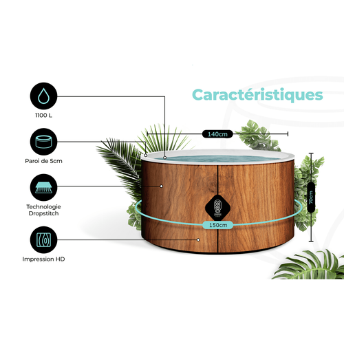 Coco Spa Tahiti Spa Gonflable - 150 Cm De Diamètre - 800 Litres - Moteur 2240 W - 2 à 4 Personnes