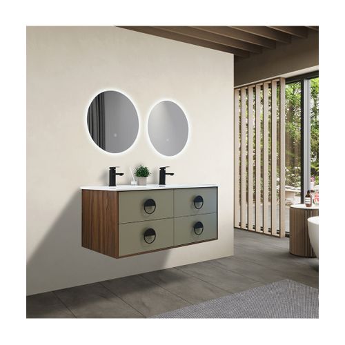 Meuble De Salle De Bain Double Vasque 120cm Bois Et Vert Avec Miroir LED