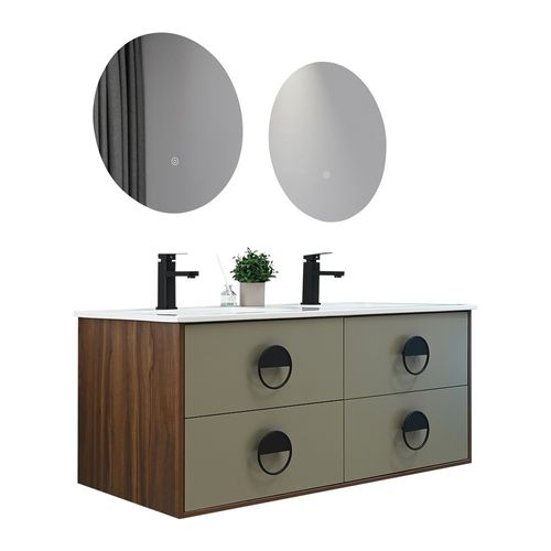 Meuble De Salle De Bain Double Vasque 120cm Bois Et Vert Avec Miroir LED