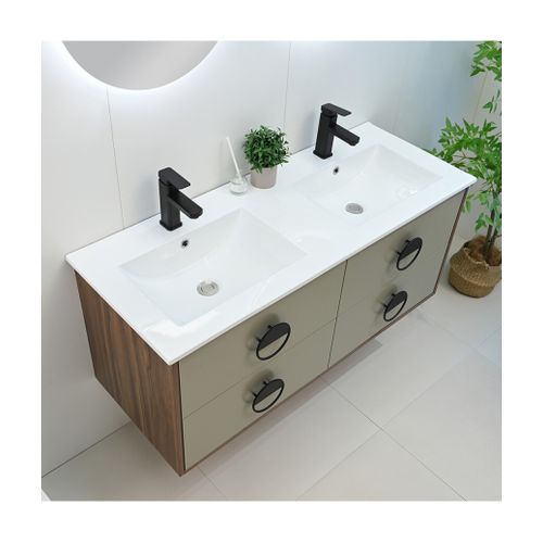 Meuble De Salle De Bain Double Vasque 120cm Bois Et Vert Avec Miroir LED