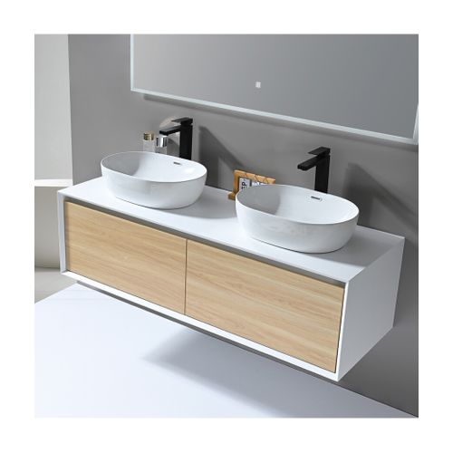 Meuble De Salle De Bain Double Vasque 120cm Bois Et Blanc  Avec Miroir LED