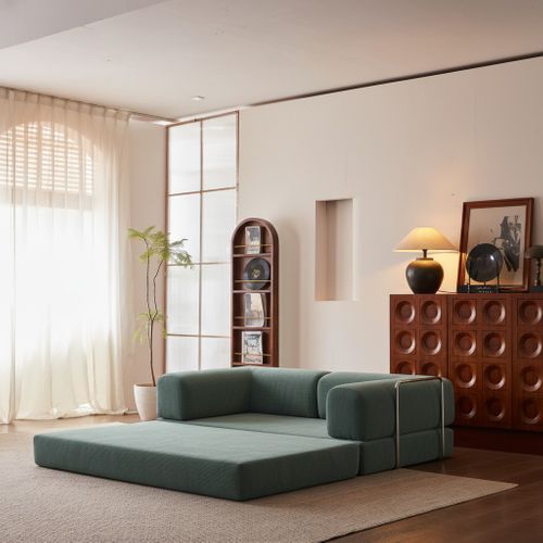 Canapé Kaia Convertible Salon Séjour Dépliable 2 places Vert velours Blanc