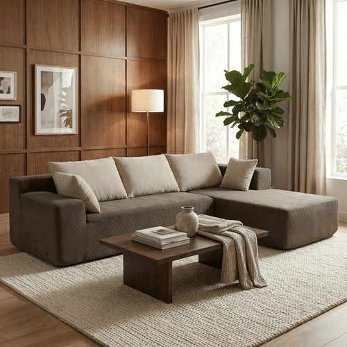 Canapé angle fixe Luna 3 places design Marron Beige Droite