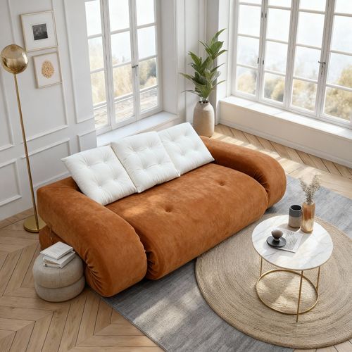 Canapé convertible compressé Salon Modulable Dépliable Okoa 2 Places Orange Blanc