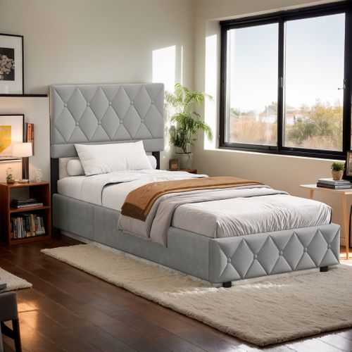 Lit Enfant Lit Coffre 90x200 Cm Lit Simple Avec Sommier à Lattes, Velours, Gris, Sans Matelas