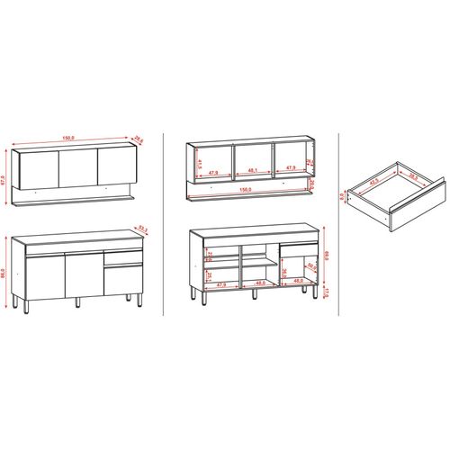 Cuisine Equipée 6 Portes 1 Tiroir Chêne Et Gris L 150 H 200 P 53.3 Cm