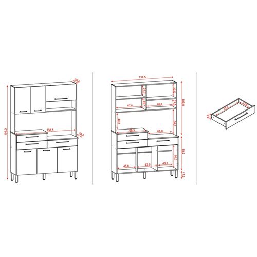 Buffet De Cuisine 6 Portes 3 Tiroirs 9 Niches Chêne Blanc L 138.5 X195 X38.8 Cm