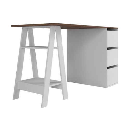 Bureau Tréteau Et Caisson 3 Tiroirs Blanc Et Châtaignier L 135 H 75 P 60 Cm