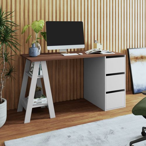 Bureau Tréteau Et Caisson 3 Tiroirs Blanc Et Châtaignier L 135 H 75 P 60 Cm