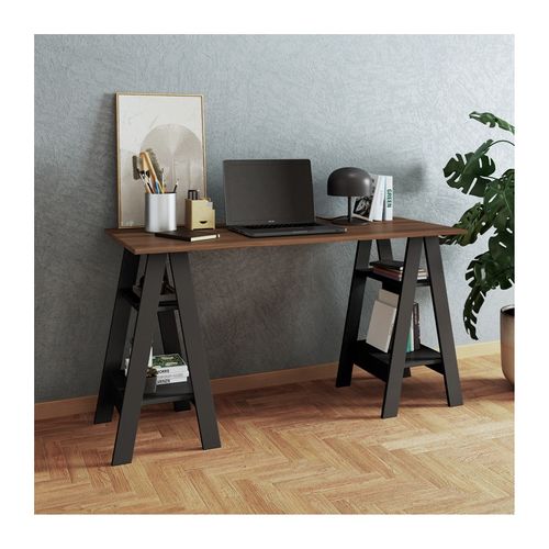 Bureau 2 Tréteaux 4 Niches Noir Et Châtaignier L 135 H 75 P 60 Cm