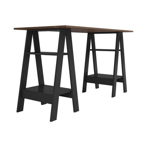 Bureau 2 Tréteaux 4 Niches Noir Et Châtaignier L 135 H 75 P 60 Cm