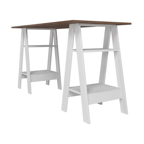 Bureau 2 Tréteaux 4 Niches Blanc Et Châtaignier L 135 H 75 P 60 Cm