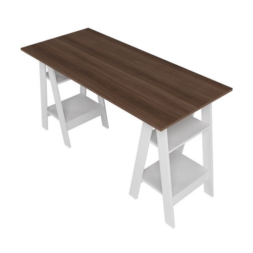 Bureau 2 Tréteaux 4 Niches Blanc Et Châtaignier L 135 H 75 P 60 Cm