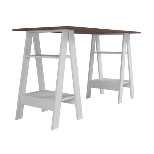 Bureau 2 Tréteaux 4 Niches Blanc Et Châtaignier L 135 H 75 P 60 Cm