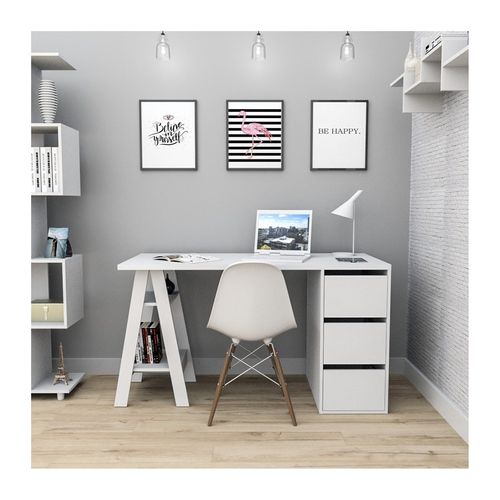 Bureau Tréteau Et Caisson 3 Tiroirs Blanc 2 Niches L 135 H 75 P 60 Cm