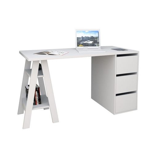 Bureau Tréteau Et Caisson 3 Tiroirs Blanc 2 Niches L 135 H 75 P 60 Cm