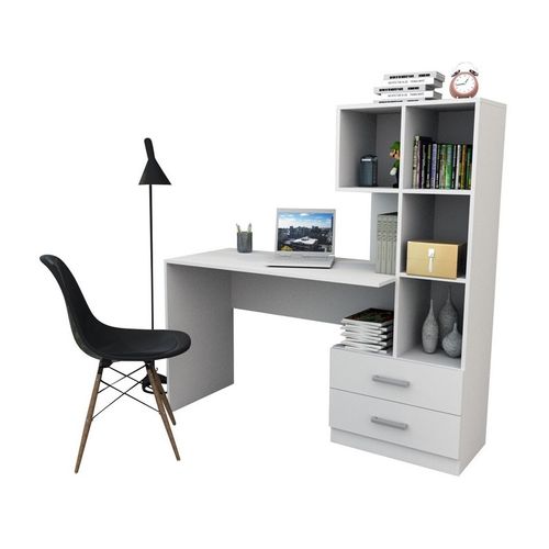 Bureau Et Bibliothèque Intégrée 2 Tiroirs 6 Niches Blancs L 108.3 H 130 P 40 Cm