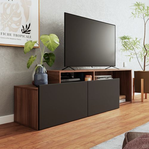Meuble TV 50 Pouces 2 Abattants Noir Et Chêne Foncé L 164 H 46.5 P 37.5 Cm