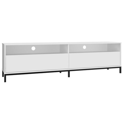Meuble TV 70 Pouces 2 Abattants 4 Niches Blanc Pieds Métal L 180 H 49 P 38 Cm