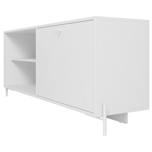 Meuble TV Bar 60 Pouces Blanc 1 Porte 4 Niches Pieds Métal Ronds L 142 H 56 P 35 Cm