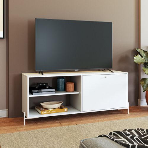 Meuble TV Bar 60 Pouces Blanc 1 Porte 4 Niches Pieds Métal Ronds L 142 H 56 P 35 Cm