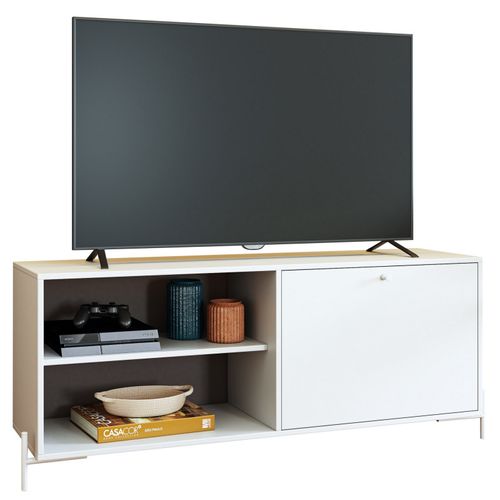 Meuble TV Bar 60 Pouces Blanc 1 Porte 4 Niches Pieds Métal Ronds L 142 H 56 P 35 Cm