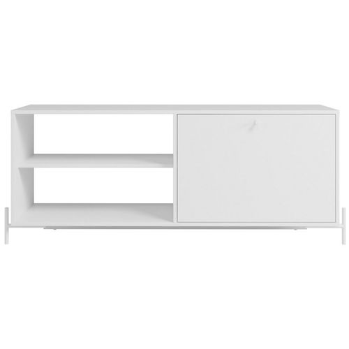 Meuble TV Bar 60 Pouces Blanc 1 Porte 4 Niches Pieds Métal Ronds L 142 H 56 P 35 Cm
