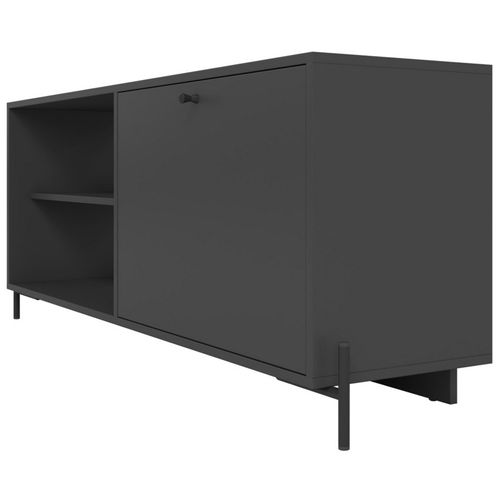 Meuble TV Bar 60 Pouces Noir 1 Porte 4 Niches Pieds Métal Ronds L 142 H 56 P 35 Cm