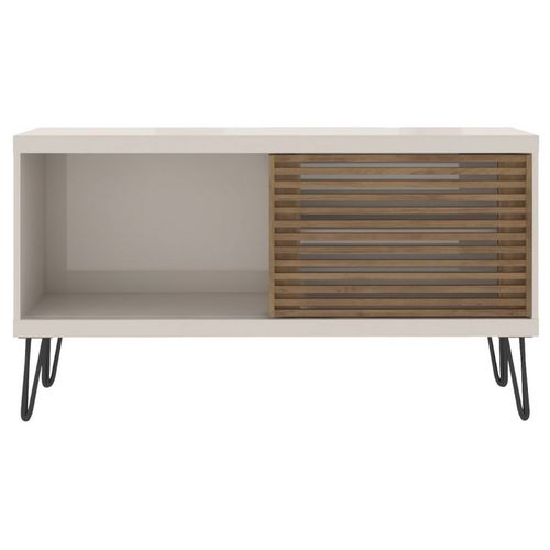 Meuble TV 50 Pouces Blanc Et Chêne 1 Porte 3 Niches Pieds Métal L 120 H 65 P 33 Cm