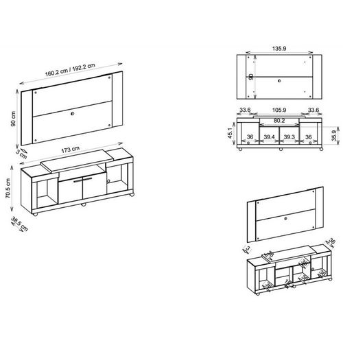 Meuble TV 55 Pouces Blanc 5 Niches Roulettes L 173 H 160.5 P 38.5 Cm