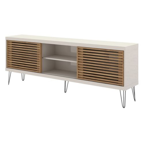 Meuble TV 72 Pouces Blanc Et Chêne 4 Niches 2 Portes Coulis. L 180 H 65 P 33 Cm