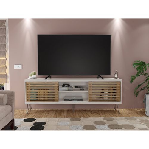 Meuble TV 72 Pouces Blanc Et Chêne 4 Niches 2 Portes Coulis. L 180 H 65 P 33 Cm