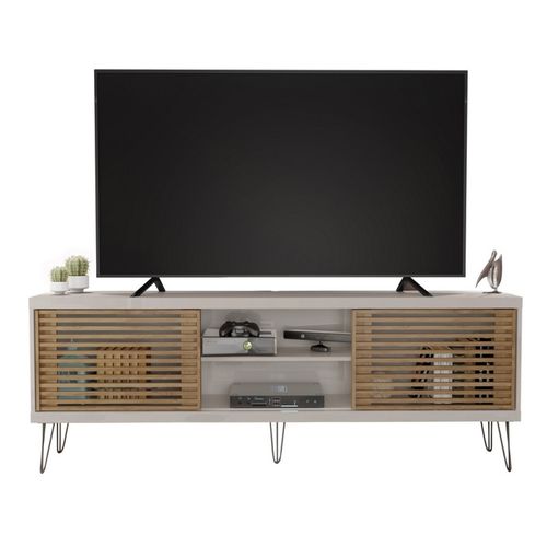 Meuble TV 72 Pouces Blanc Et Chêne 4 Niches 2 Portes Coulis. L 180 H 65 P 33 Cm