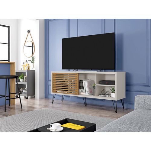 Meuble TV 55 Pouces Pieds Métal Blanc Ecru Chêne L 136 H 62 P 36 Cm